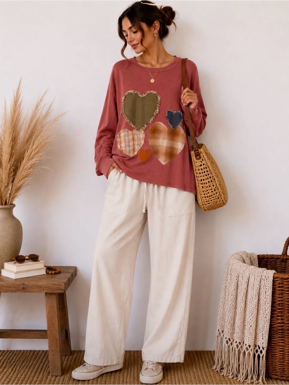 Women’s Heart Patch Pullover Sweatshirt - Dusty Rose